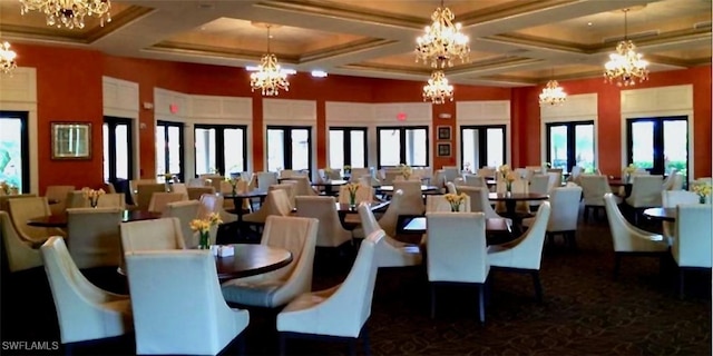 dining room featuring beam ceiling, a wealth of natural light, coffered ceiling, and ornamental molding