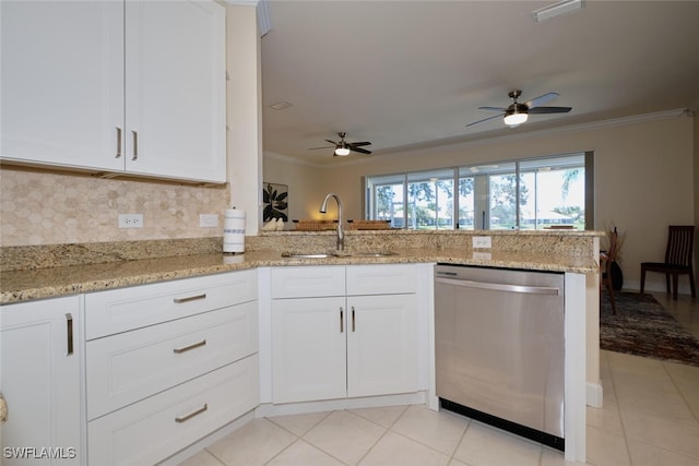 kitchen with white cabinetry, kitchen peninsula, tasteful backsplash, stainless steel dishwasher, and sink