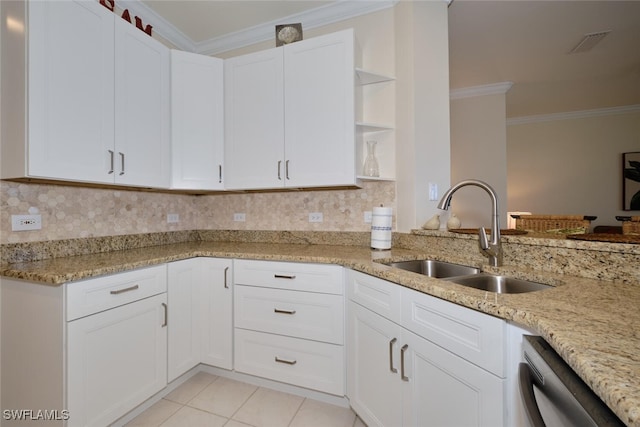 kitchen with white cabinetry, stainless steel dishwasher, kitchen peninsula, and sink