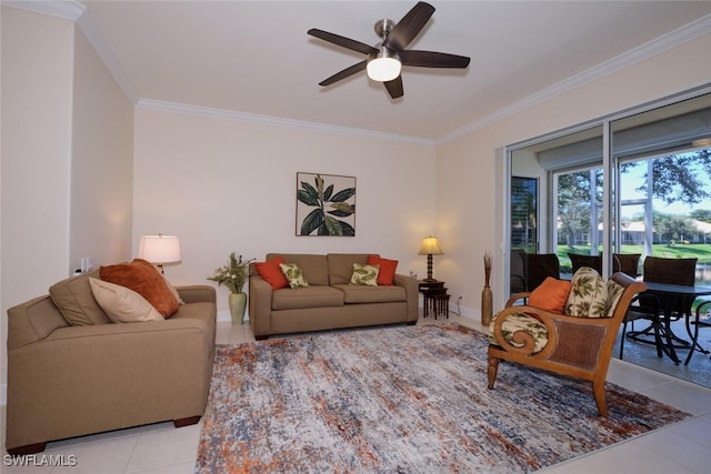 living room featuring ceiling fan, light tile patterned floors, and crown molding