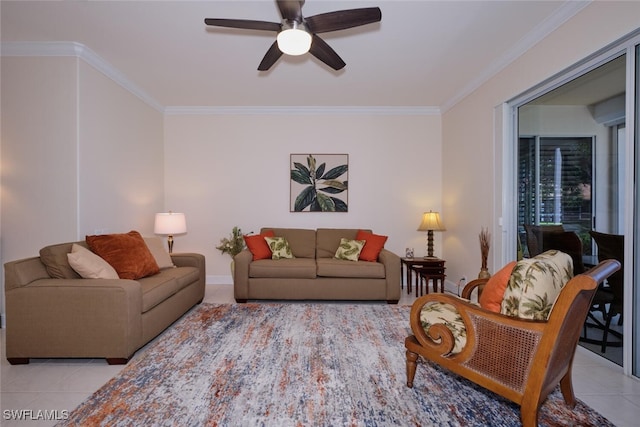 tiled living room with ceiling fan and crown molding