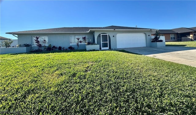 single story home with a front lawn and a garage