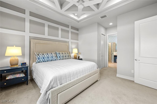 bedroom featuring coffered ceiling, ceiling fan, carpet floors, a closet, and beam ceiling