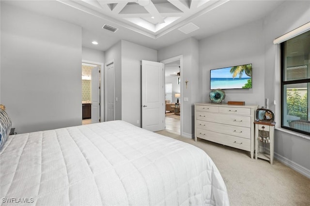 carpeted bedroom featuring ceiling fan, beam ceiling, coffered ceiling, multiple windows, and connected bathroom