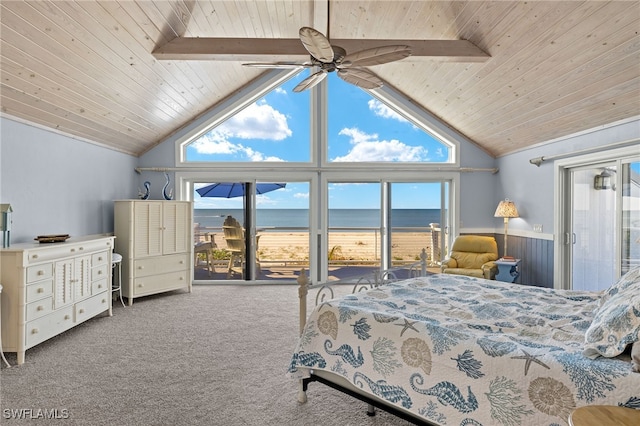 carpeted bedroom with a water view, ceiling fan, beamed ceiling, and wooden ceiling