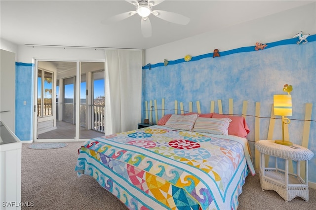 bedroom with ceiling fan, access to exterior, and carpet flooring