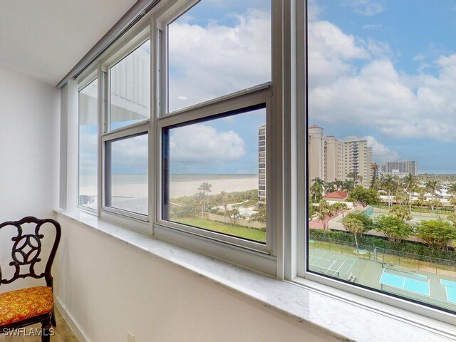 interior details featuring a water view