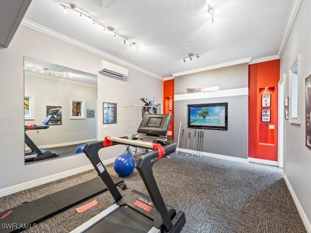 exercise room with crown molding, carpet, and a wall mounted air conditioner