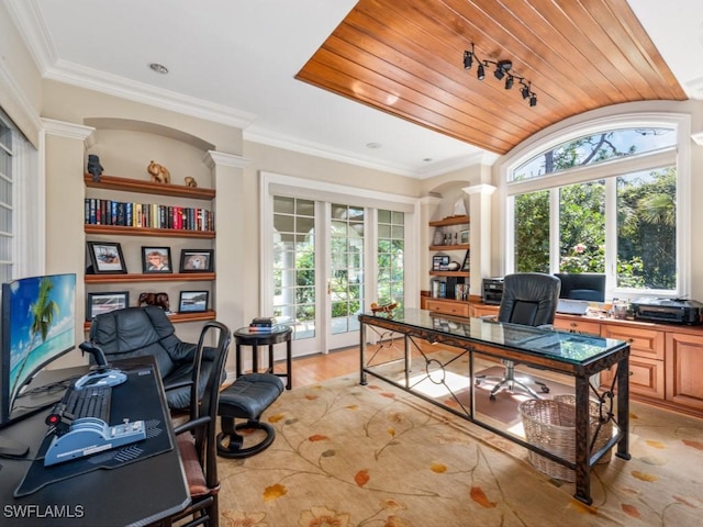 office area featuring wood ceiling, crown molding, and built in features