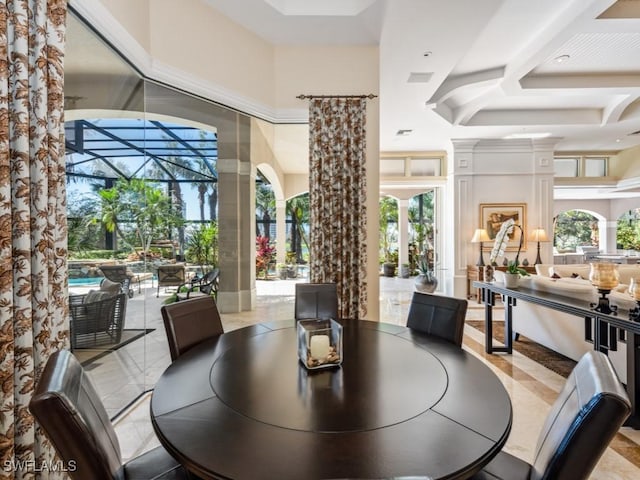 dining space featuring light tile patterned flooring and coffered ceiling