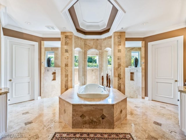 bathroom with vanity, ornamental molding, plus walk in shower, and tile walls