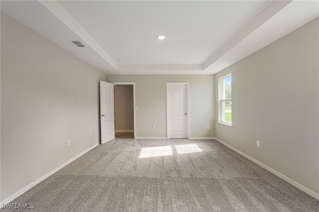 interior space with carpet floors and a tray ceiling