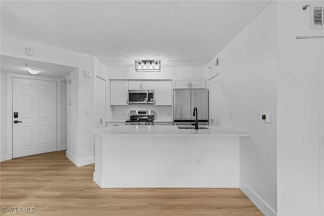 kitchen with a sink, a peninsula, light countertops, and appliances with stainless steel finishes