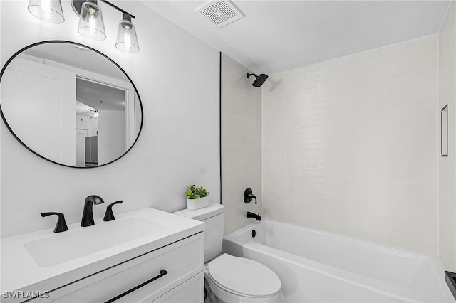 bathroom with toilet, shower / bathing tub combination, vanity, and visible vents