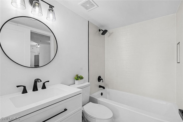 full bath featuring toilet, visible vents, vanity, and shower / washtub combination