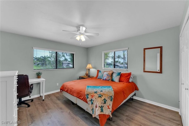 bedroom featuring ceiling fan, a closet, and multiple windows