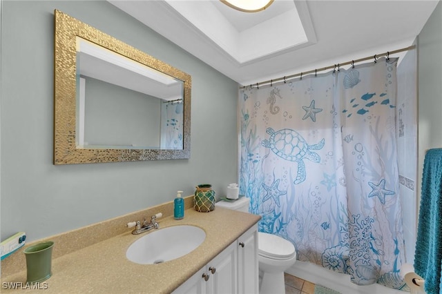 full bathroom featuring toilet, tile patterned flooring, shower / bathtub combination with curtain, and vanity