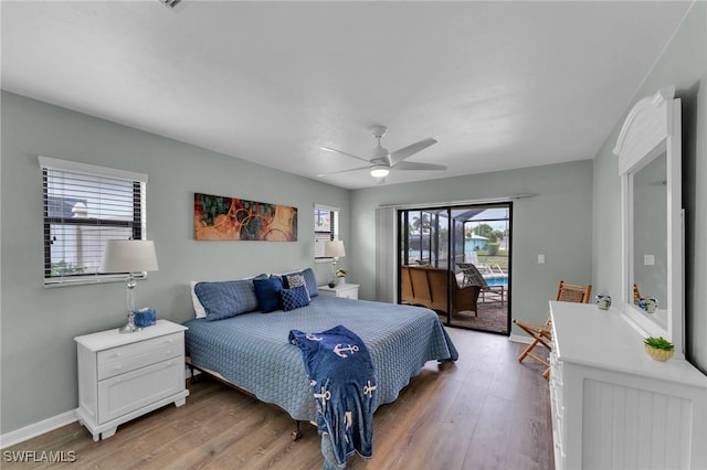 bedroom featuring ceiling fan, access to exterior, and hardwood / wood-style floors