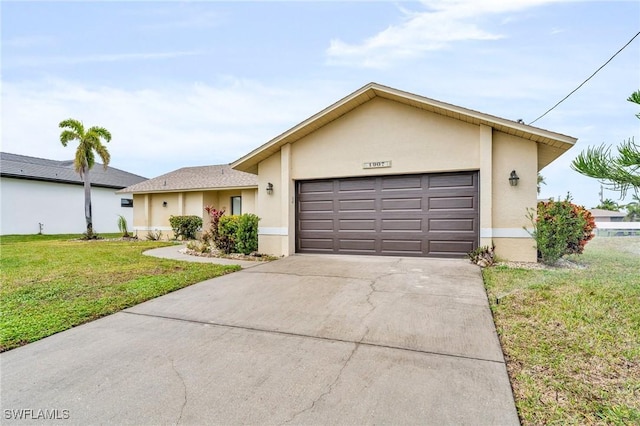 single story home featuring a front yard and a garage