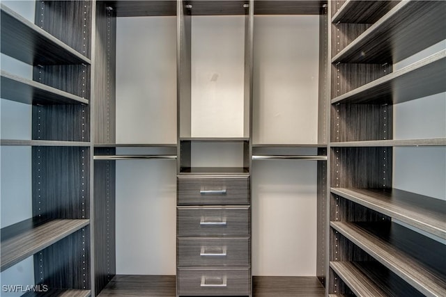 walk in closet with wood finished floors