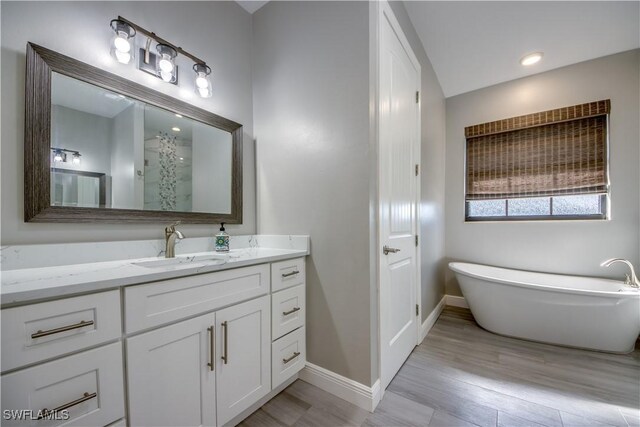 bathroom featuring vanity, hardwood / wood-style flooring, and a tub