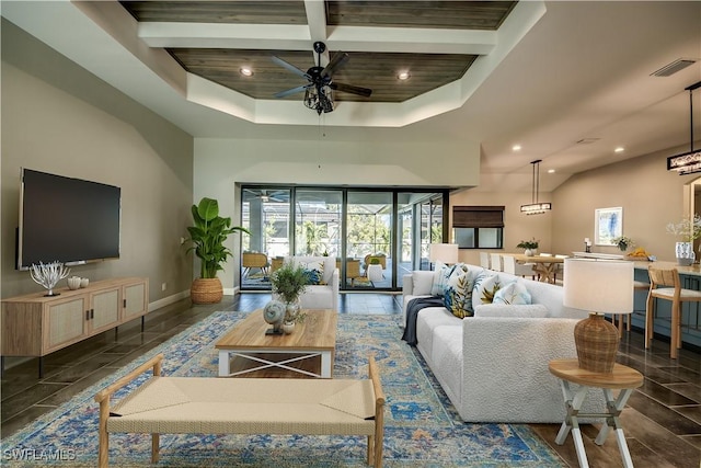 living area featuring visible vents, beam ceiling, recessed lighting, baseboards, and ceiling fan