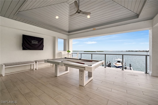 playroom featuring wooden ceiling, light hardwood / wood-style floors, and billiards