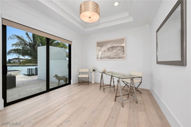 interior space with ornamental molding, a water view, light hardwood / wood-style flooring, and a tray ceiling