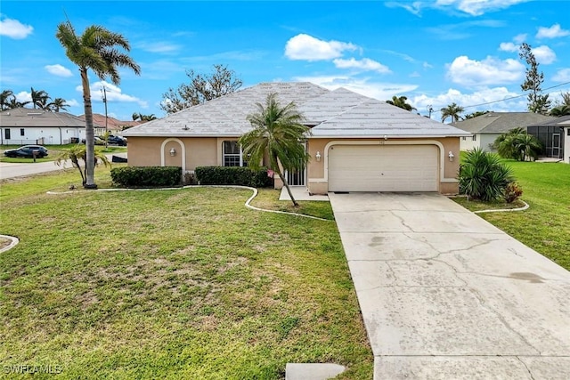 single story home featuring a front yard, a garage, driveway, and stucco siding