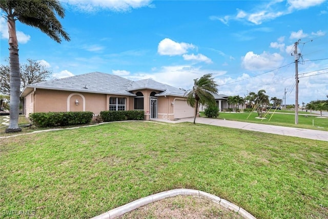 single story home with stucco siding, driveway, a front yard, and a garage