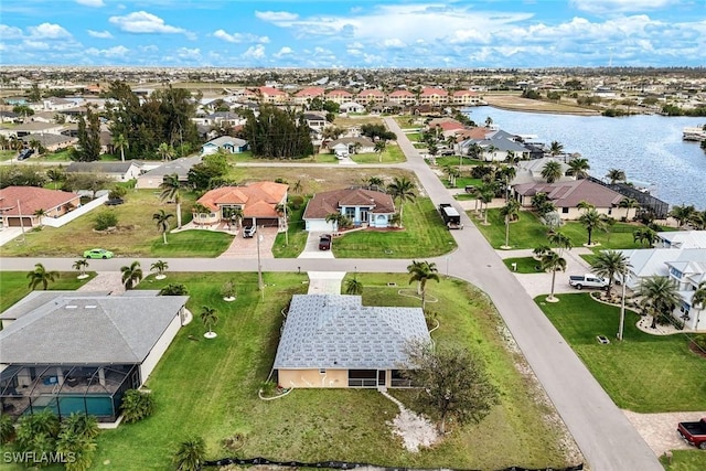 drone / aerial view featuring a residential view and a water view