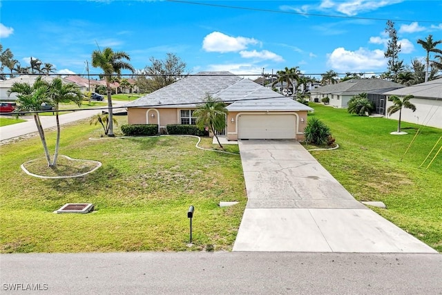 ranch-style home with stucco siding, a front lawn, a residential view, concrete driveway, and a garage