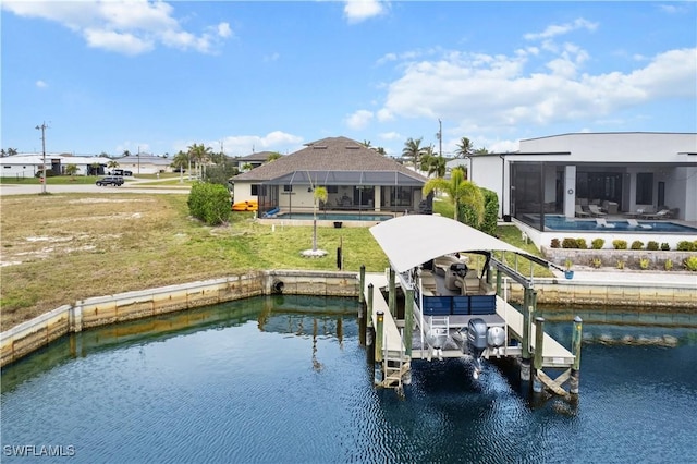 view of dock featuring a lanai, a lawn, and a water view