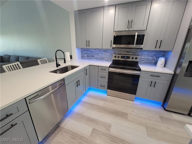 kitchen featuring kitchen peninsula, gray cabinets, appliances with stainless steel finishes, backsplash, and sink