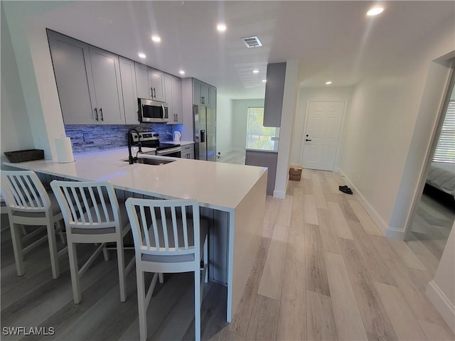 kitchen featuring kitchen peninsula, sink, gray cabinets, and stainless steel appliances