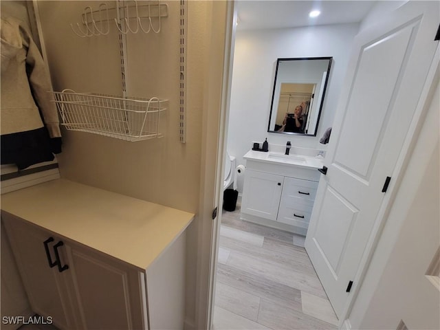 interior space featuring vanity and hardwood / wood-style floors