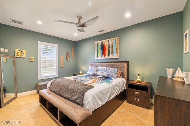 bedroom featuring light tile patterned floors, recessed lighting, visible vents, and ceiling fan