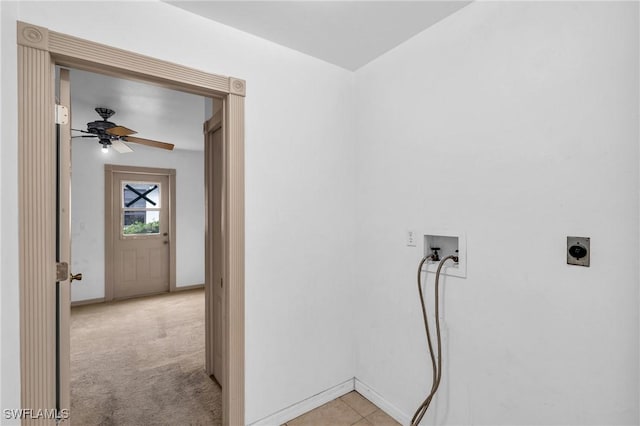 laundry area featuring ceiling fan, light colored carpet, electric dryer hookup, and hookup for a washing machine