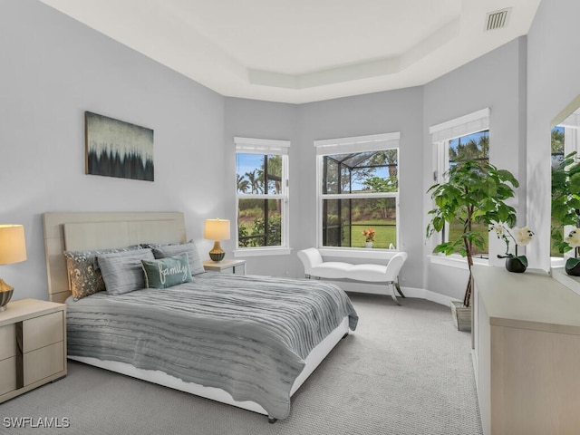 bedroom featuring light carpet, visible vents, baseboards, and a tray ceiling