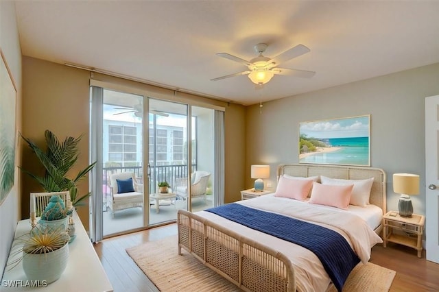 bedroom with ceiling fan, access to outside, and light wood-type flooring