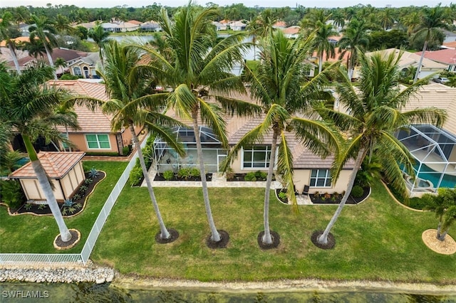 drone / aerial view with a water view