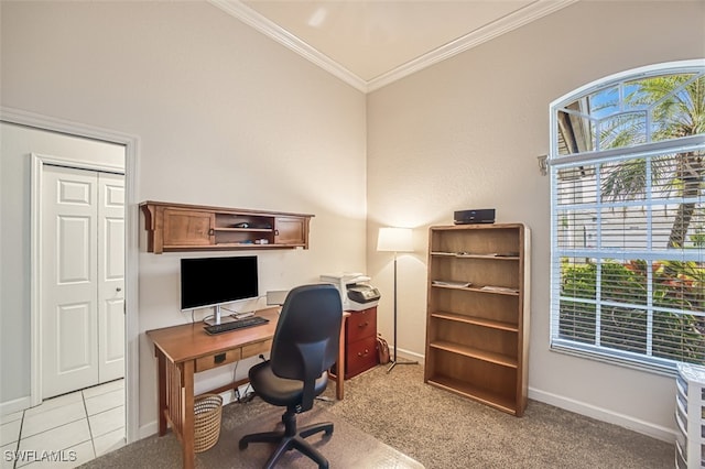 office with crown molding and light tile patterned floors