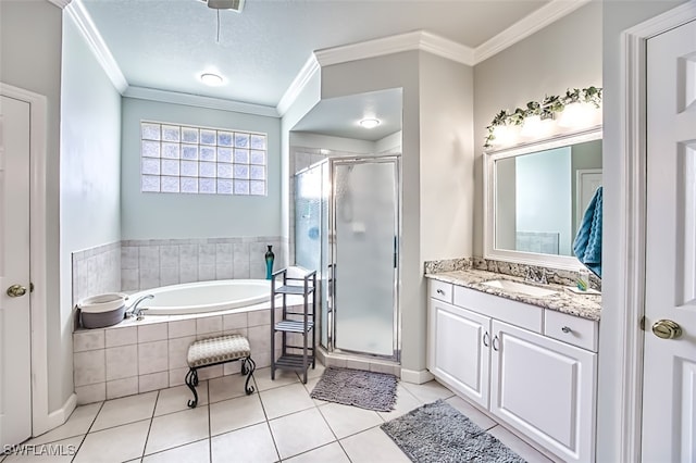 bathroom featuring vanity, tile patterned floors, separate shower and tub, and crown molding