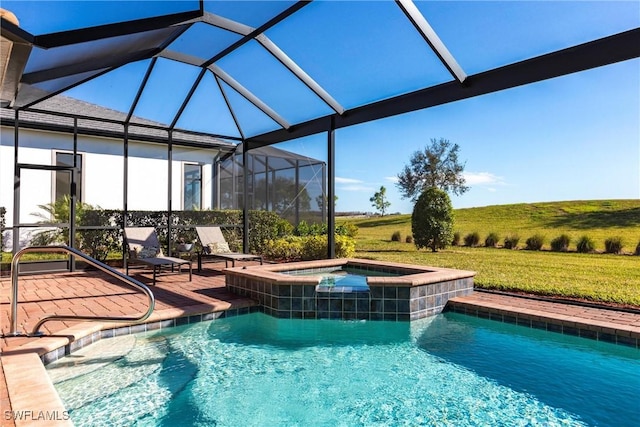 view of swimming pool featuring a lanai, a rural view, a pool with connected hot tub, and a patio