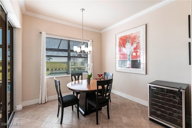 dining space featuring ornamental molding, beverage cooler, and a notable chandelier