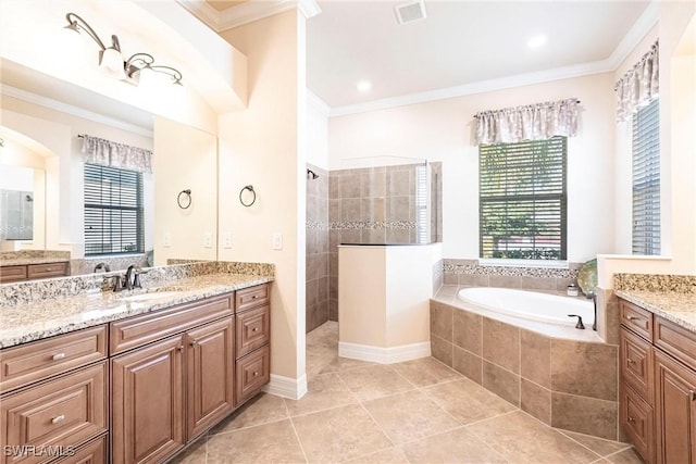 bathroom with ornamental molding, plus walk in shower, and vanity