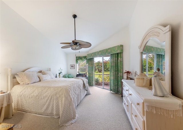 bedroom with ceiling fan, access to exterior, high vaulted ceiling, and light carpet