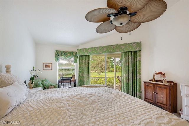 bedroom featuring ceiling fan, access to exterior, and vaulted ceiling