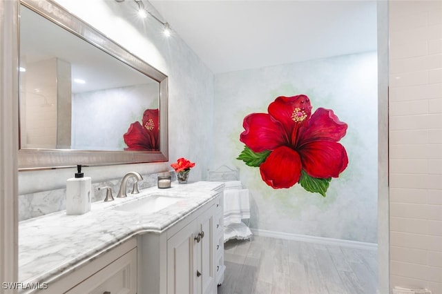 bathroom with hardwood / wood-style floors and vanity