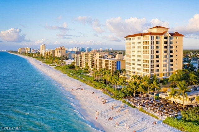 drone / aerial view with a water view and a beach view